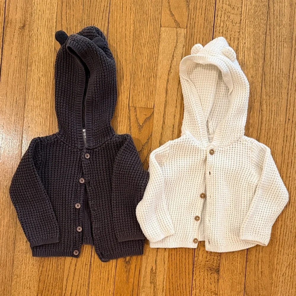 Carter's Grey and White Knit Hooded Cardigans Size 12 months GUC - Picture 1 of 6